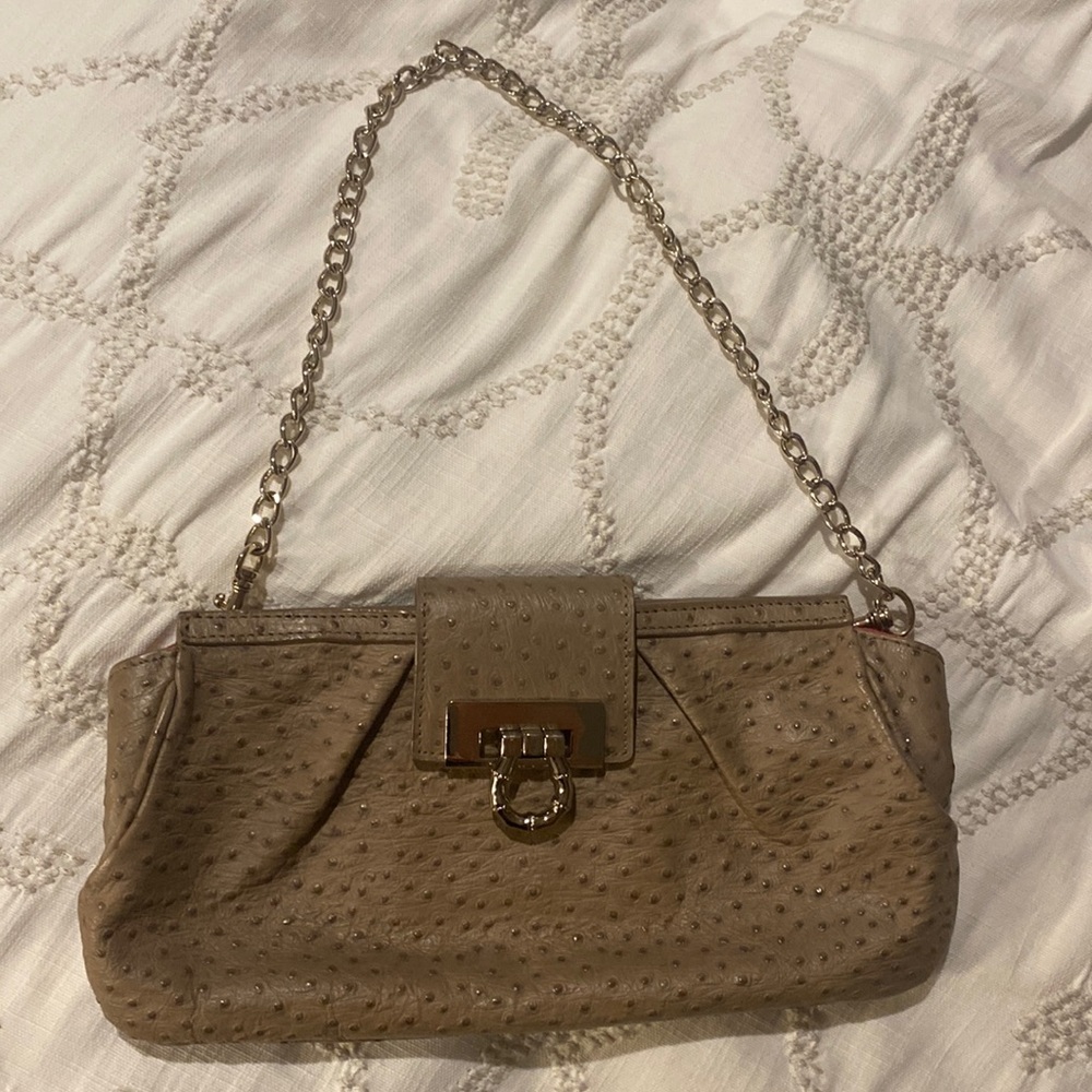 Elaine Turner tan ostrich clutch with bamboo style closure